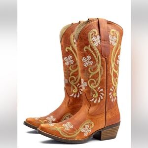 NEW Orange Leather Honey Frontier with Flower Embroidery Cowboy Boots